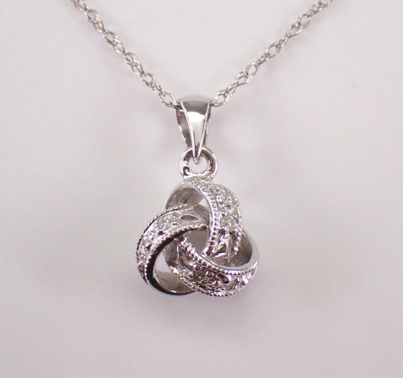 14K White Gold Diamond Pendant and Chain: Unique Interlocking Love Knot Charm Necklace