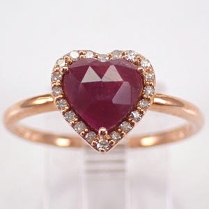 14K Rose Gold Ruby Heart Ring - Diamond Halo Promise Band - Unique Dainty Gemstone Jewelry Gift