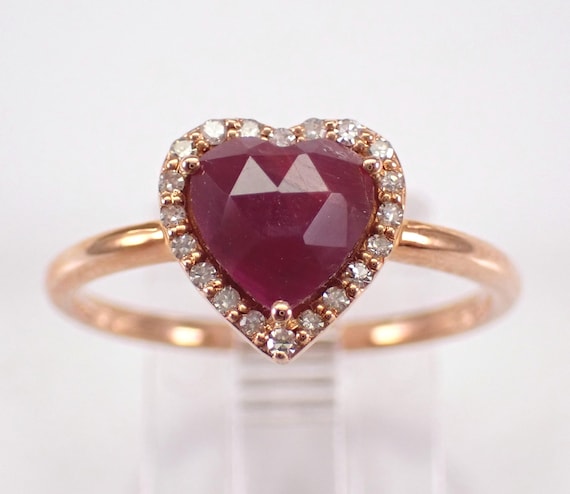14K Rose Gold Ruby Heart Ring - Diamond Halo Promise Band - Unique Dainty Gemstone Jewelry Gift