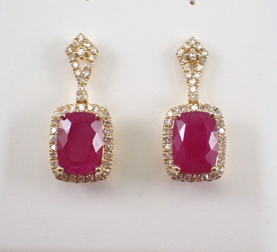 14K Yellow Gold Ruby and Diamond Earrings - Cushion Cut Petite Dangle Drop Earrings - July Birthstone Fine Jewelry Gift