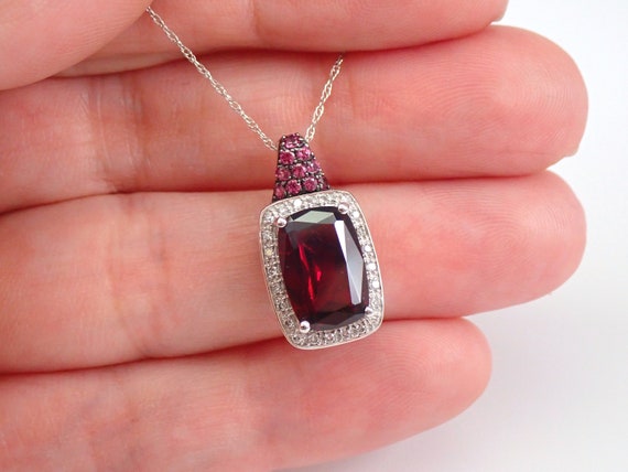 Cushion Cut Garnet Pendant Necklace - 14K White Gold Diamond and Pink Tourmaline Setting -  January Birthstone Jewelry - 18 inch Chain