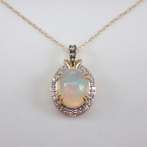 Opal and Diamond Halo Pendant Necklace - Solid Yellow Gold Choker with 18 inch Chain - October Birthstone Jewelry Gift for Women