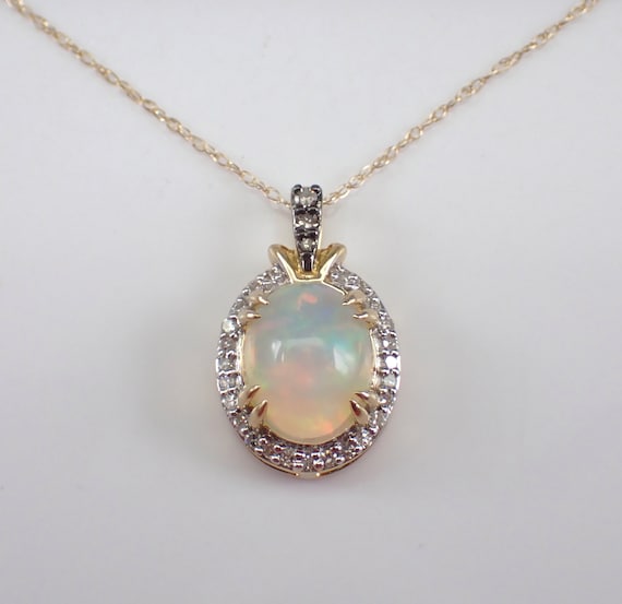 Opal and Diamond Halo Pendant Necklace - Solid Yellow Gold Choker with 18 inch Chain - October Birthstone Jewelry Gift for Women