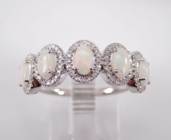 Opal and Diamond Halo Anniversary Ring, White Gold Gemstone Wedding Band, October Birthstone Jewelry Gift
