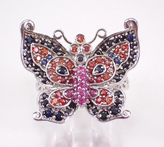 Vintage Sterling Silver Butterfly Ring - Large Multi Color Sapphire Gemstone Band - Estate Filigree Wings Jewelry Gift