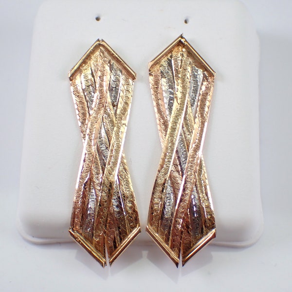 Vintage 14K Tri Color Gold Earrings - Estate Ribbon Style Dangle - 80s Fluid Braided Design