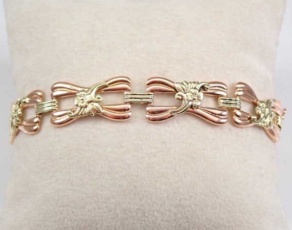 Antique 14K Gold Flower Bracelet - 40s Vintage Floral Links - Estate Two Tone Fine Jewelry Gift