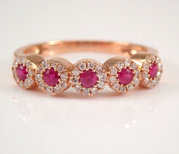 14K Rose Gold Ruby and Diamond Wedding Ring: Dainty Halo Stackable Anniversary Band