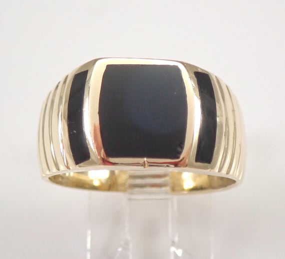Vintage 14K Yellow Gold Mens Onyx Ring - Estate Engagement Promise Band - Unique Wedding Anniversary Gift for Him
