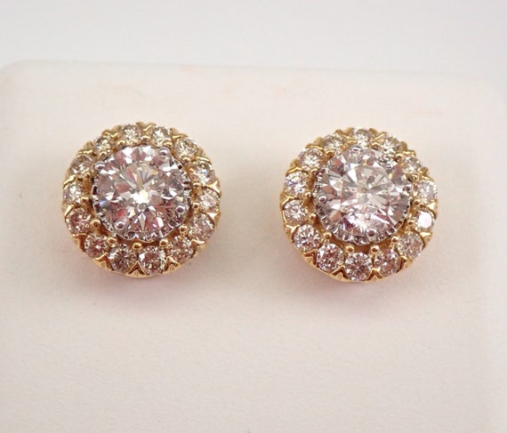Genuine Diamond Stud Earrings - Solid Yellow Gold Round Halo Studs - Gorgeous Fine Jewelry Gift