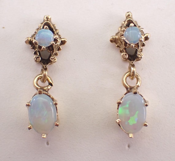 Vintage 14K Yellow Gold Opal Earrings - Estate Antique Gemstone Dangle Drops