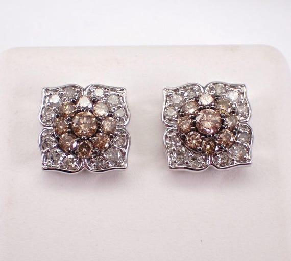 Brown Diamond Cluster Stud Earrings - White Gold Square Halo Studs - Unique Fine Jewelry Wedding Gift