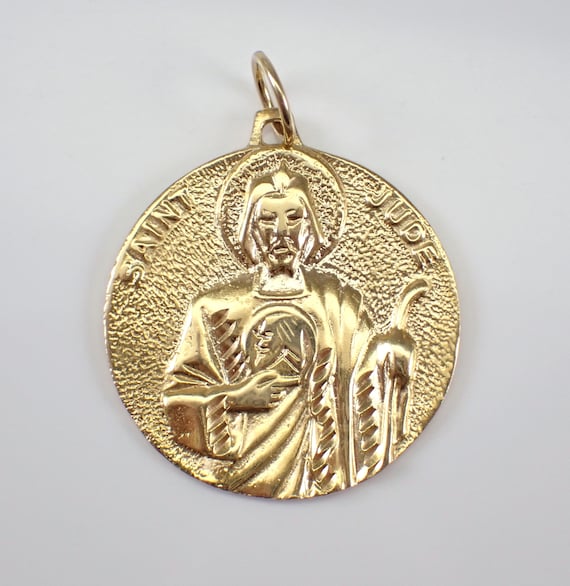 Vintage 14K Yellow Gold Saint Jude Charm - Religious Miraculous Medal Disk Pendant for Necklace or Bracelet