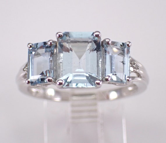 Aquamarine and Diamond Engagement Ring - White Gold Three Stone Setting - Gemstone Bridal Fine Jewelry Gift