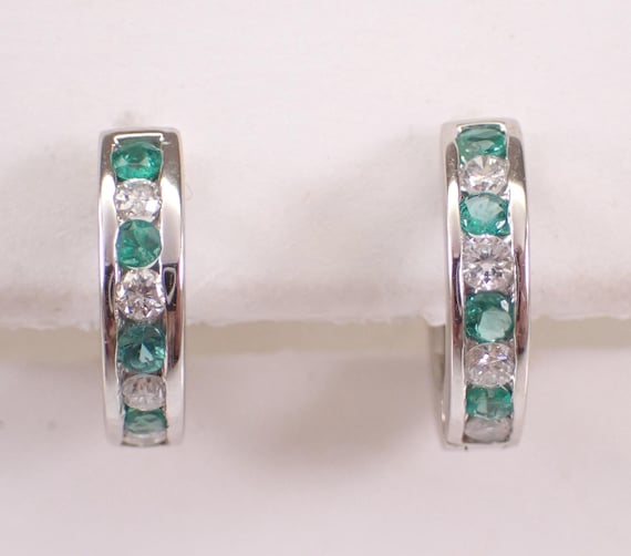14K White Gold Emerald and Diamond Hoop Earrings: Dainty Gemstone Huggies
