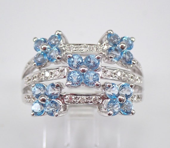 Blue Topaz and Diamond Ring - 14K White Gold Multi Row Flower Band - Unique Anniversary Jewelry Gift