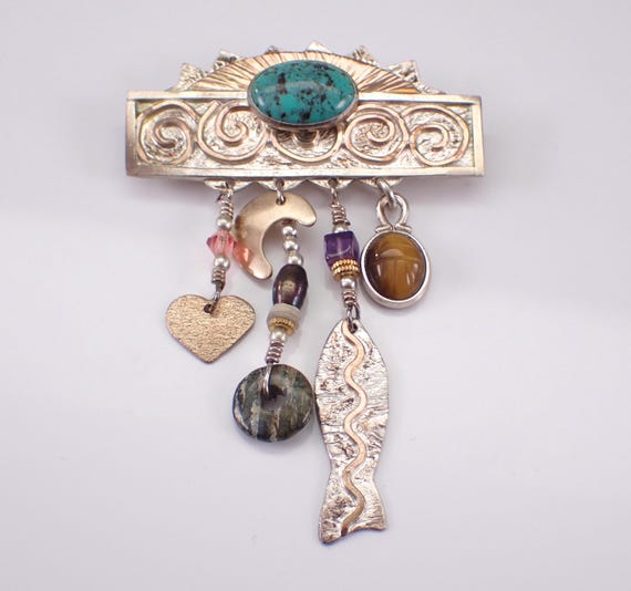 Vintage Sterling Silver Turquoise Brooch, Unique Dangle Charms, Antique Artisan Jewelry Gift