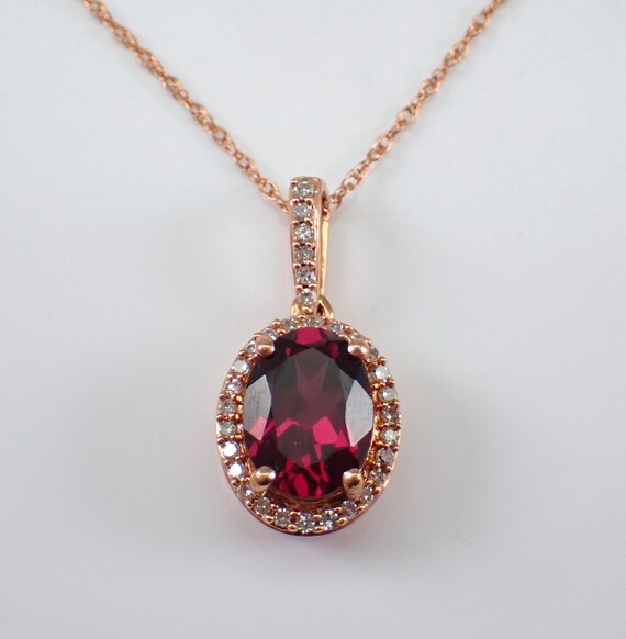 Oval Rhodolite Garnet Necklace - Rose Gold Diamond Halo Pendant - January Birthstone Jewelry Gift