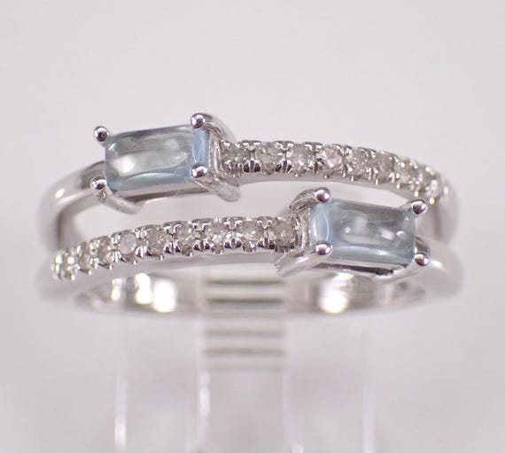 White Gold Aquamarine and Diamond Multi Row Ring: Stackable Wedding Anniversary Band