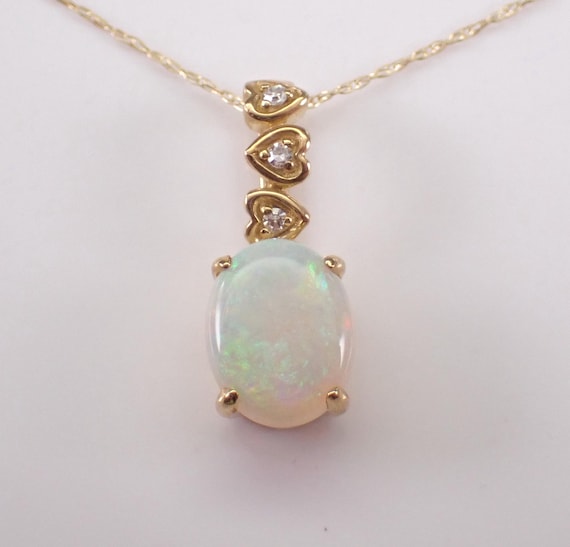Yellow Gold Opal and Diamond Pendant Necklace: Dainty Heart Setting Choker Chain