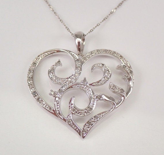 Antique Style Diamond Heart Pendant and Chain - 14K White Gold Filigree Charm Necklace - Unique Wedding Fine Jewelry Gift