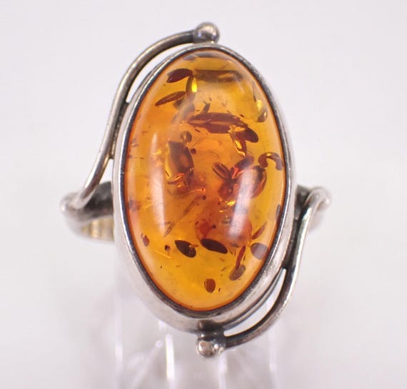 Vintage Sterling Silver Baltic Amber Ring: Unique Estate Solitaire Fossil Gemstone Band