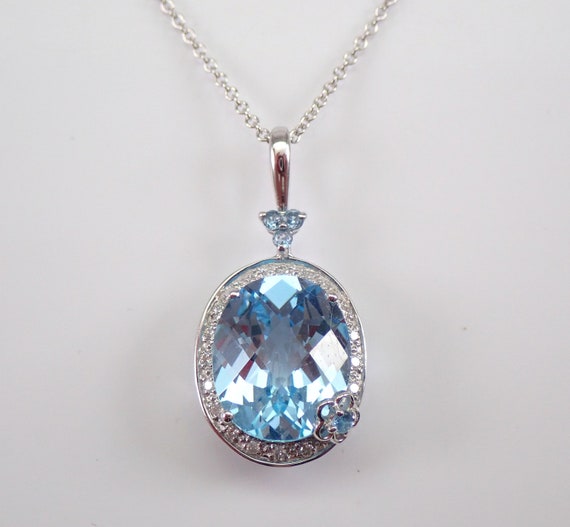 18K White Gold Blue Topaz and Diamond Charm Pendant - Oval Gemstone Halo Flower Setting - Unique Choker Necklace and Chain