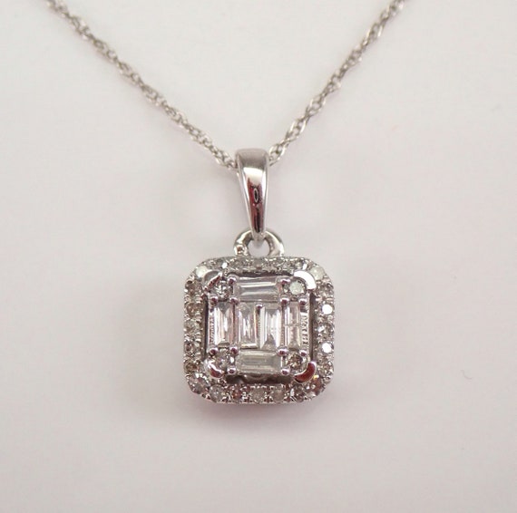 Diamond Necklace White Gold Emerald-Cut Diamond Solitaire Pendant Cluster Halo Necklace 18" Chain