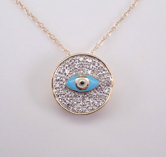 Yellow Gold Diamond Evil Eye Necklace - Round Pave Circle Pendant Choker Chain - Good Luck Protection Charm Gift