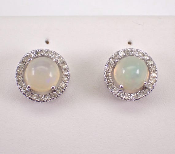 White Gold Opal and Diamond Stud Earrings: October Birthstone Jewelry Gift
