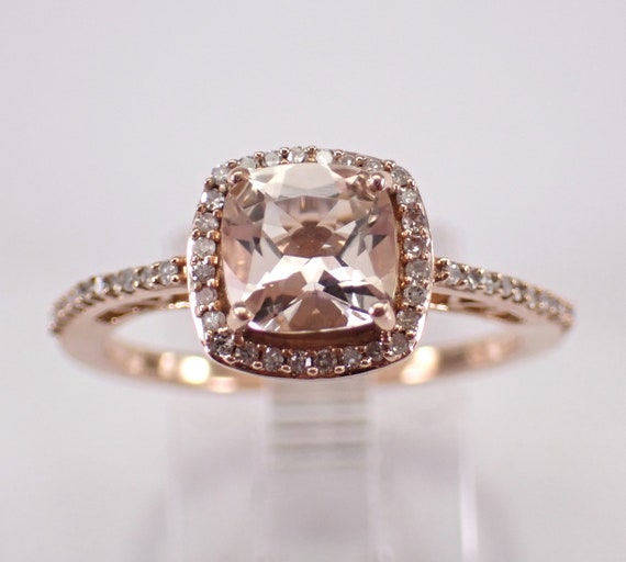 Cushion Cut Morganite Engagement Ring - Rose Gold Diamond Halo Setting - Pink Peach Gemstone Jewelry Gift