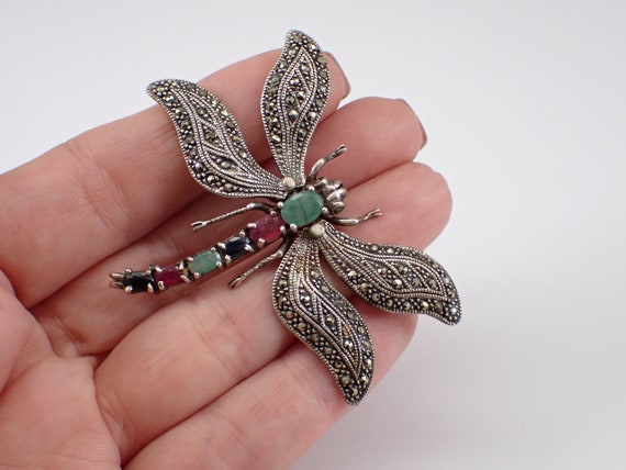 Vintage Sterling Silver Dragonfly Brooch, Marcasite Ruby Emerald and Sapphire Fine Jewelry for Women, 80s Butterfly Pin