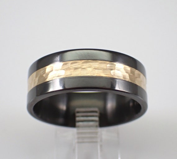 Mens Black Zirconium Wedding Ring - Hammered 14k Yellow Gold Inlay Insert - 8mm Anniversary Band Jewelry Gift for Him