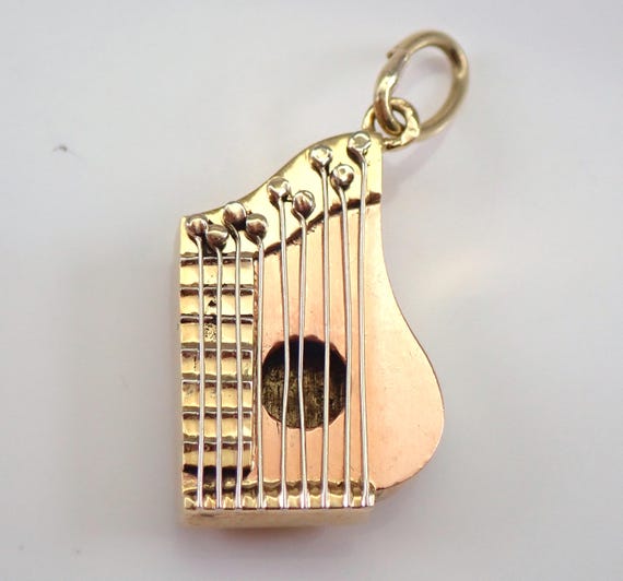 Vintage 14K Yellow Gold Harp Charm Pendant - Estate Guitar Zither Violin Drop - Unique Musical Instrument Gift