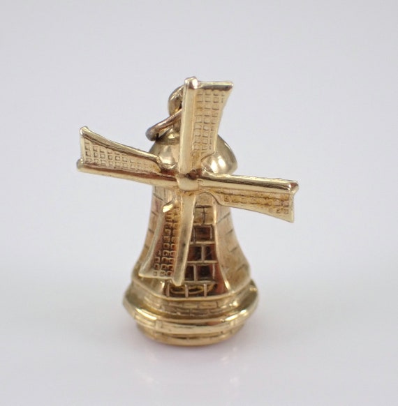 Vintage 14K Yellow Gold Windmill Charm, Unique Mill Farm Structure Pendant, Collectible Movable Jewelry Gift for Necklace or Bracelet