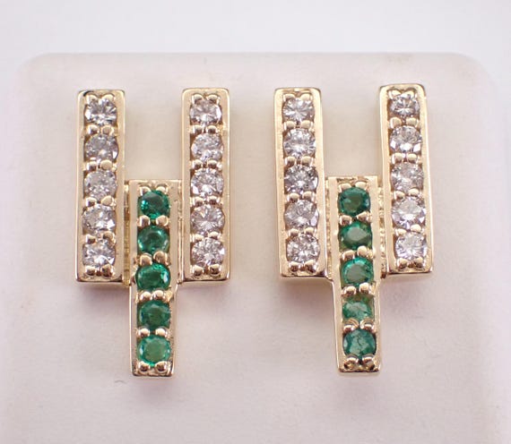 Emerald and Diamond Stud Earrings, 14K Yellow Gold Vintage Fine Jewelry, May Birthstone Gemstone Gift