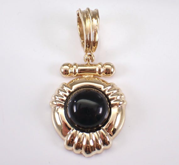 Vintage 14K Yellow Gold Onyx Enhancer Pendant, Large Unique Estate Charm Slide for Omega Necklace