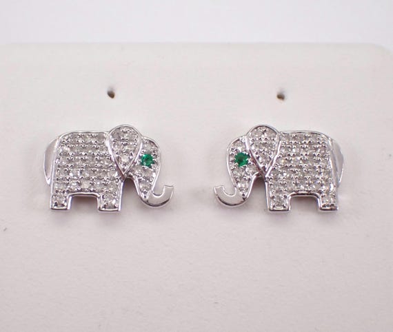 Diamond Elephant Stud Earrings - White Gold Pave Screwback Studs - Dainty Good Luck Fine Jewelry Gift