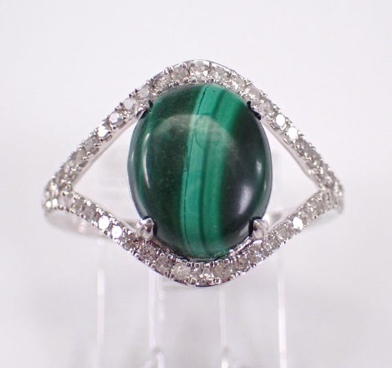 White Gold Malachite and Diamond Ring - Bridal Engagement Setting - Green Gemstone Fine Jewelry Gift