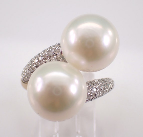 14K Yellow Gold Large Pearl Ring - Crossover Diamond Pave Band - June Birthstone Fine Jewelry Gift
