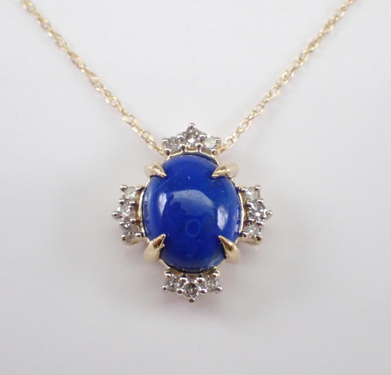 Lapis Lazuli and Diamond Pendant Necklace - Solid Yellow Gold Choker with 18 inch Chain - Gemstone Jewelry Gift for Women