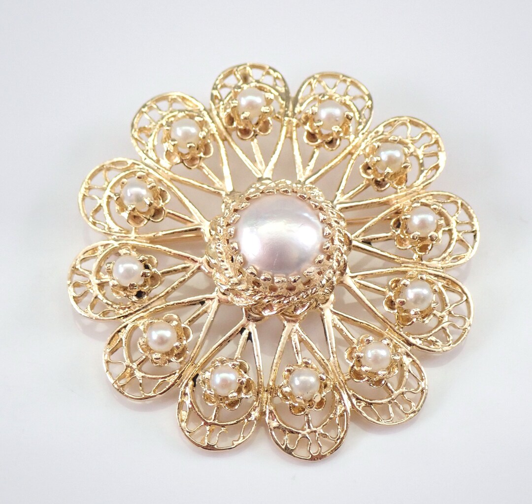Vintage 14K Yellow Gold Pearl Brooch - Large Flower Filigree