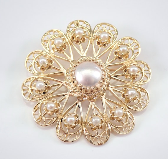 Vintage 14K Yellow Gold Pearl Brooch - Large Flower Filigree Pin - Unique Scalloped Snowflake Pendant - June Birthstone Gift