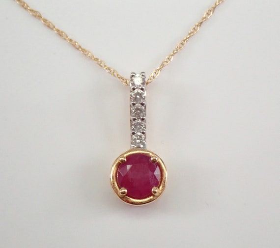 Genuine Round Ruby Pendant, Natural Diamond Drop Necklace, Solid 14k Yellow Gold Layering Necklace, July Birthstone Gift for Her