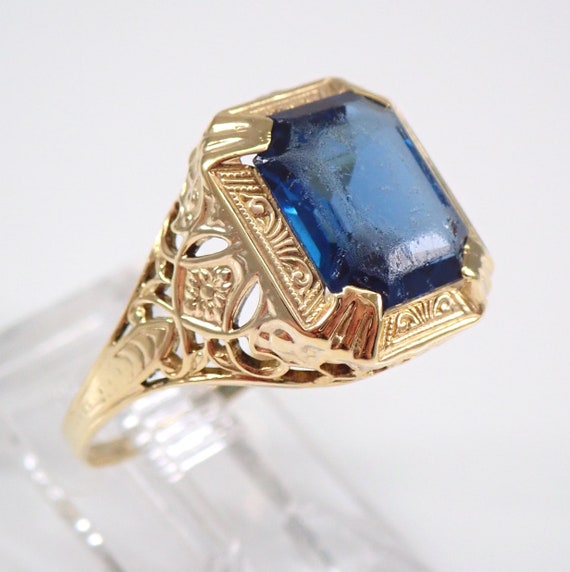 Antique Blue Gemstone Ring, Vintage 14K Yellow Gold Solitaire Ring, Rectangular Unisex Emerald Cut Engagement Ring - Pinky Ring