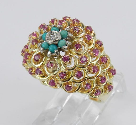 Vintage Turquoise and Ruby Ring - Solid 18k Yello… - image 3