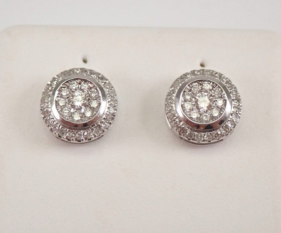 14K White Gold Diamond Cluster Stud Earrings Halo Screwback Studs MUST SEE