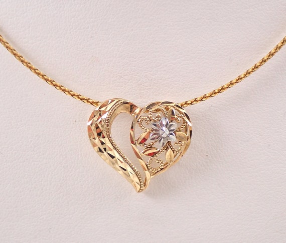 Vintage Heart Slide Choker - 14K Yellow Gold Pendant Necklace - Braided Omega Chain - Unique Flower Charm