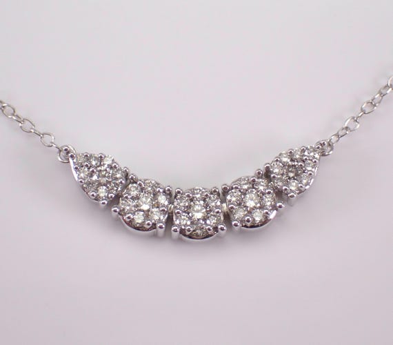 White Gold Diamond Curved Bar Necklace - Station Cluster Charm Pendant and Chain - GalaxyGems Fine Jewelry Choker Gift