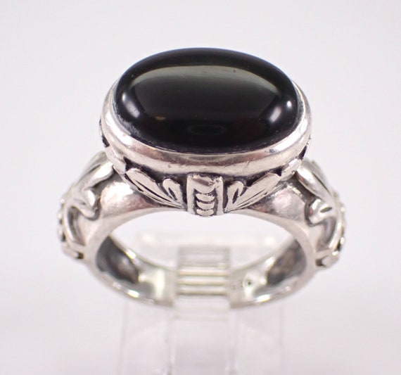 Vintage Sterling Silver Onyx Ring - Estate Solitaire Gemstone Band - Unique Engraved Etched Jewelry Gift